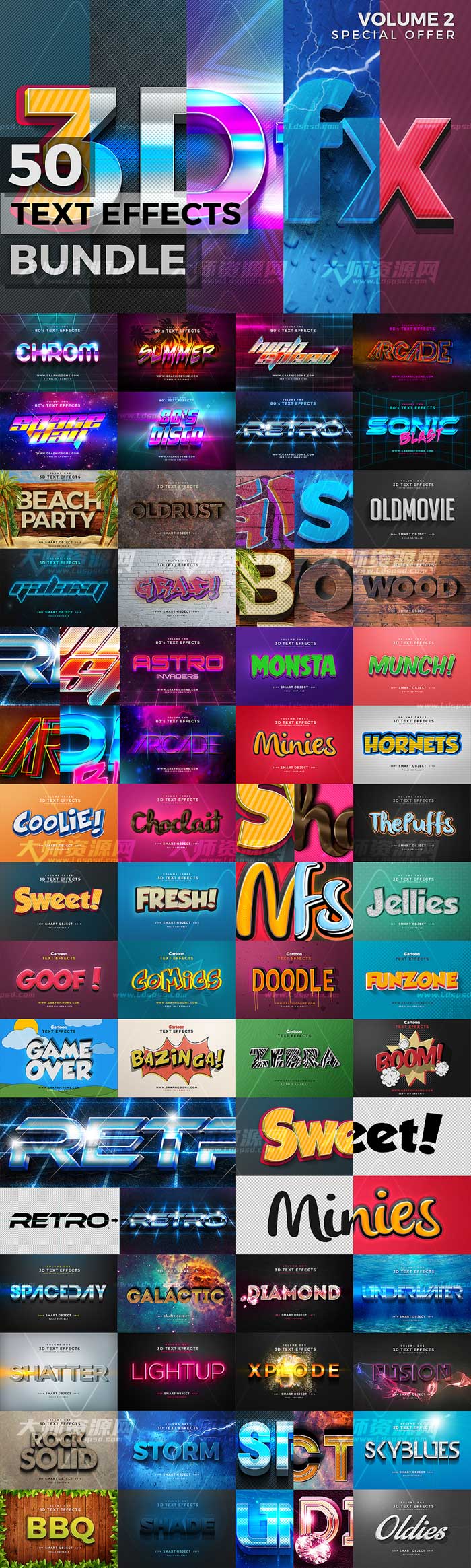 50 Text Effects Bundle,PS图层样式/3D文本模型